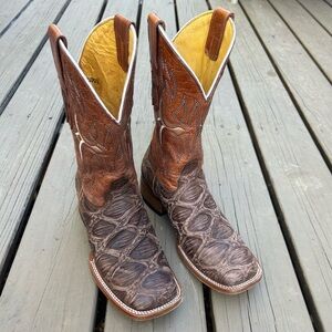 ALFA Men’s Leather Square Toe Cowboy Boots | Western Tan Brown Fish Scale | Sz 8